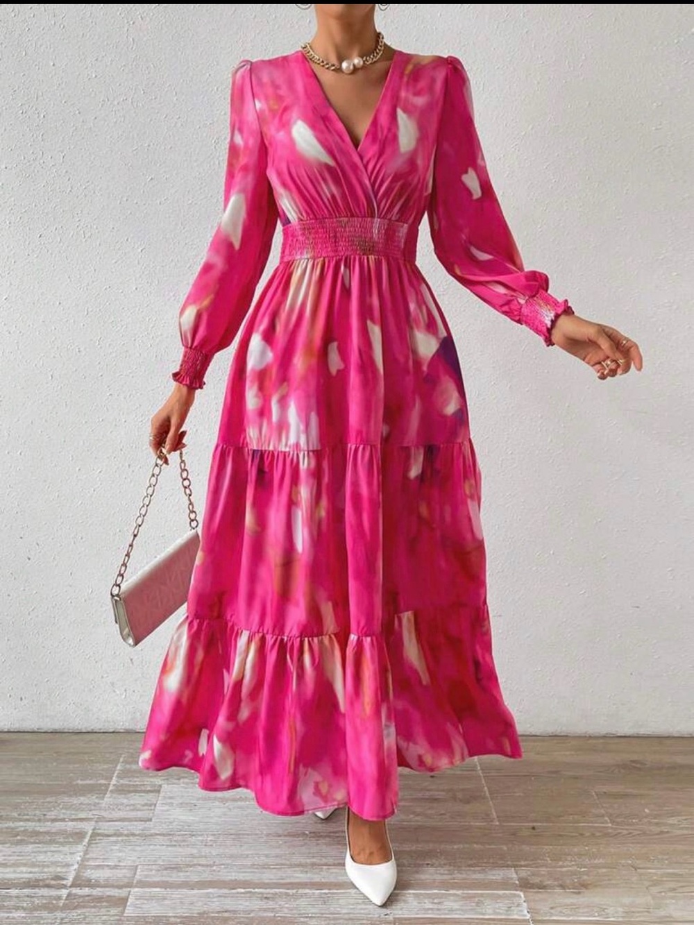 Pink V-Neck Tiered Maxi Dress - Picture 1 of 4